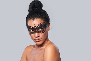 Image showing Closeup portrait of beautiful mixed race with black lace mask