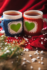 Image showing Two warm cups of tea or coffee with heart for Valentine\'s day