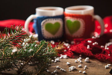 Image showing Two warm cups of tea or coffee with heart for Valentine\'s day