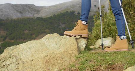 Image showing Person in hiking boots at the mountains