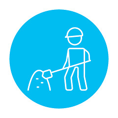 Image showing Man with shovel and hill of sand line icon.