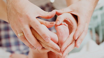 Image showing Children&#39;s feet in hands of mother and father.