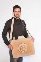 Image showing man with cardboard camera