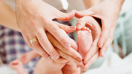 Image showing Children&#39;s feet in hands of mother and father.