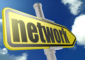 Image showing Yellow road sign with network word under blue sky