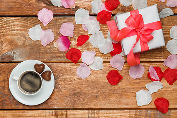 Image showing Valentines Day gift and coffee  on wooden background