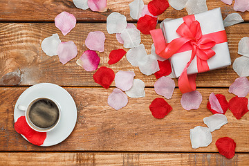 Image showing Valentines Day gift and coffee  on wooden background