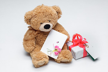 Image showing Teddy Bears couple with red heart. Valentines Day concept.