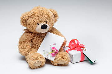 Image showing Teddy Bears couple with red heart. Valentines Day concept.