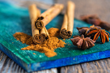 Image showing Ceylon cinnamon and star anise closeup.