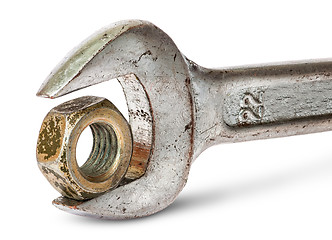 Image showing Closeup an old wrench and nut rotated