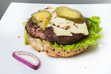 Image showing spoiled tasteless burger with roasted not Cutlets,