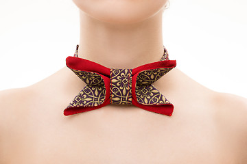 Image showing patterned tie bow on female neck. 