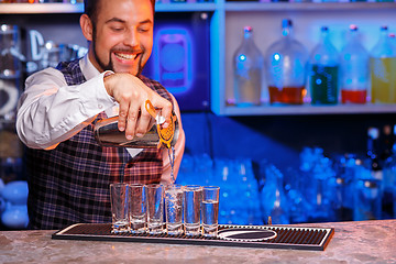 Image showing Barman at work, preparing cocktails.