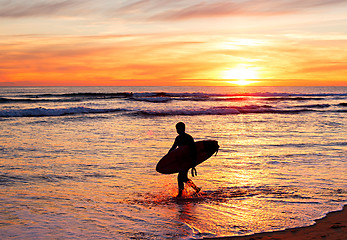 Image showing Surfing at sunset, Portugal