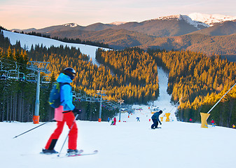 Image showing Ski resort at sunset