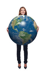 Image showing Woman in full length holding earth globe