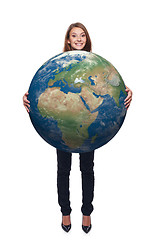 Image showing Woman in full length holding earth globe