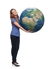 Image showing Woman in full length holding earth globe