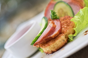 Image showing Cheese pancakes with ham