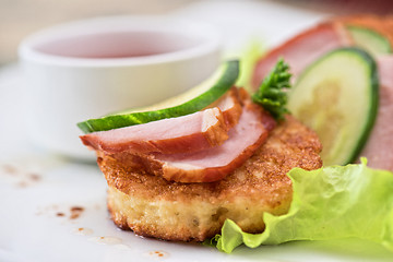 Image showing Cheese pancakes with ham