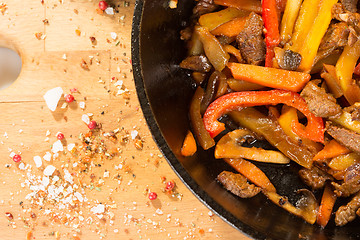 Image showing Grilled pork. herbs in frying pan