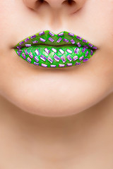 Image showing Fashion Green Sexy Lips and Closeup. Make up concept. 