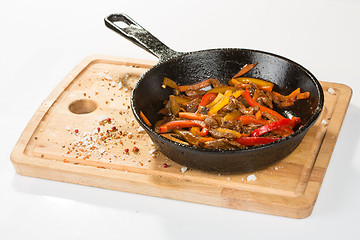 Image showing Grilled pork. herbs in frying pan