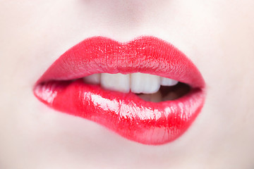 Image showing Sexy Lips. Beauty Red Lip Makeup Detail.