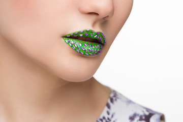 Image showing Fashion Green Sexy Lips and Closeup. Make up concept. 