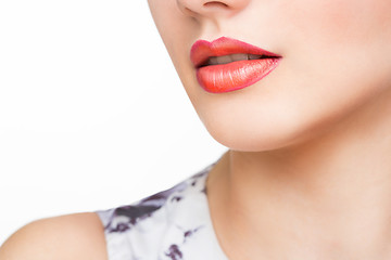 Image showing Red Sexy Lips and Nails closeup. Open Mouth. Manicure and Makeup. Make up concept. 