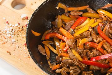 Image showing Grilled pork. herbs in frying pan