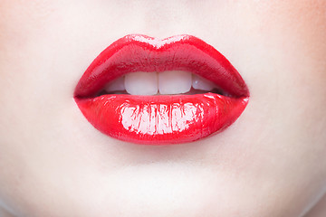Image showing Sexy Lips. Beauty Red Lip Makeup Detail.