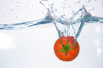 Image showing red tomato dropped into blue water on white