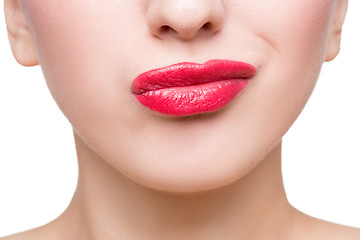 Image showing Sexy beautiful red lips isolated on white background. close-up