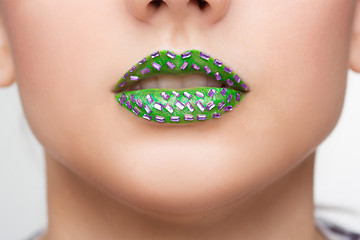 Image showing Fashion Green Sexy Lips and Closeup. Make up concept. 