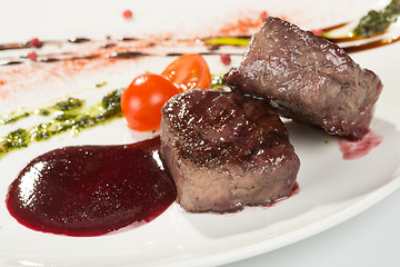 Image showing Grilled steaks and vegetables