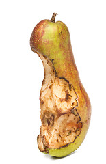 Image showing bitten spoil pear.  white background.