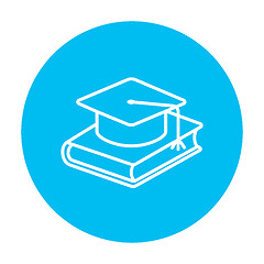 Image showing Graduation cap laying on book line icon.