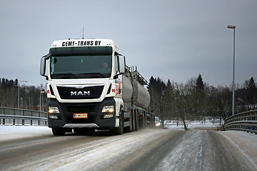 Image showing White MAN Tank Truck on Winter Bridge