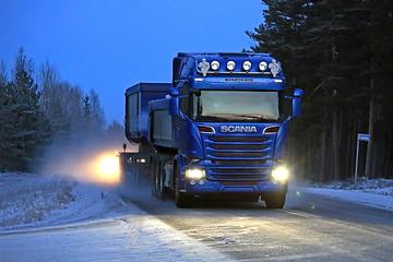 Image showing Blue Scania Combination on a Winter Night