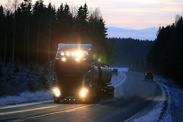 Image showing Scania Tank Truck Lights in Winter Night