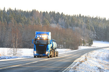 Image showing Blue Scania R500 Tank Truck on the Road in Winter