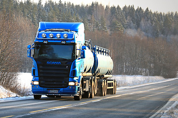 Image showing Blue Scania Tank Truck on Winter Road