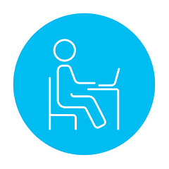 Image showing Student sitting on chair in front of laptop line icon.