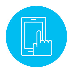 Image showing Finger pointing at smart phone line icon.