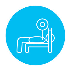 Image showing Man lying on bench and lifting barbell line icon.