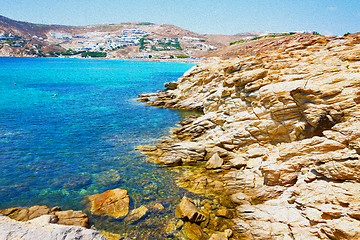 Image showing in greece the mykonos island rock sea and beach blue   sky