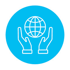 Image showing Two hands holding globe line icon.