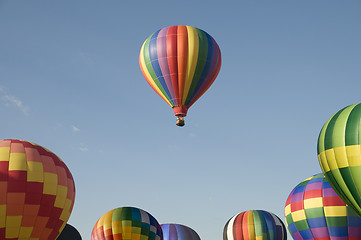 Image showing Single hot-air balloon floating above a balloon festival